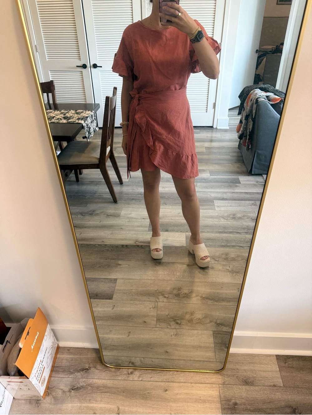 ASTR Rust Wrap Mini Dress with Ruffle Trim